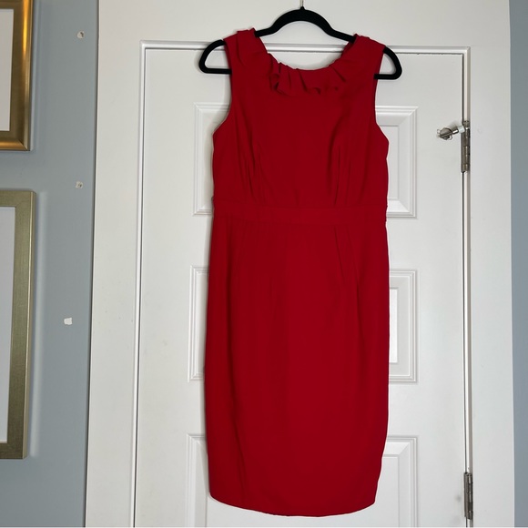 Carmen Marc Valvo Collection Red Ruffle Rosette Sheath Dress - Picture 5 of 11